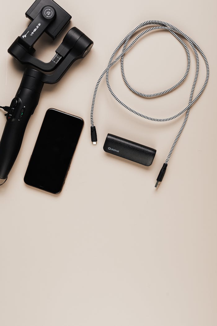 Minimalist flat lay featuring a smartphone, gimbal, charging cables, and power bank on a beige background.